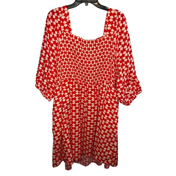 Ava & Viv Red & White Smocked Midi Dress Size 4X Puff Sleeves & Square Neckline - Picture 2 of 10